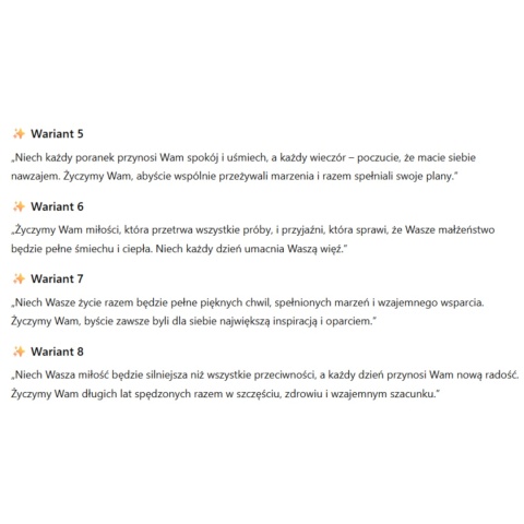 Życzenia ślubne warianty 5-8 – eleganckie, średniej długości teksty idealne do graweru lub drewnianej koperty na ślub.