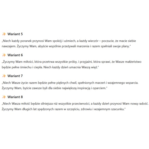 Zestaw życzeń ślubnych warianty 5–8 – romantyczne teksty idealne na prezent ślubny w drewnianej skrzynce.